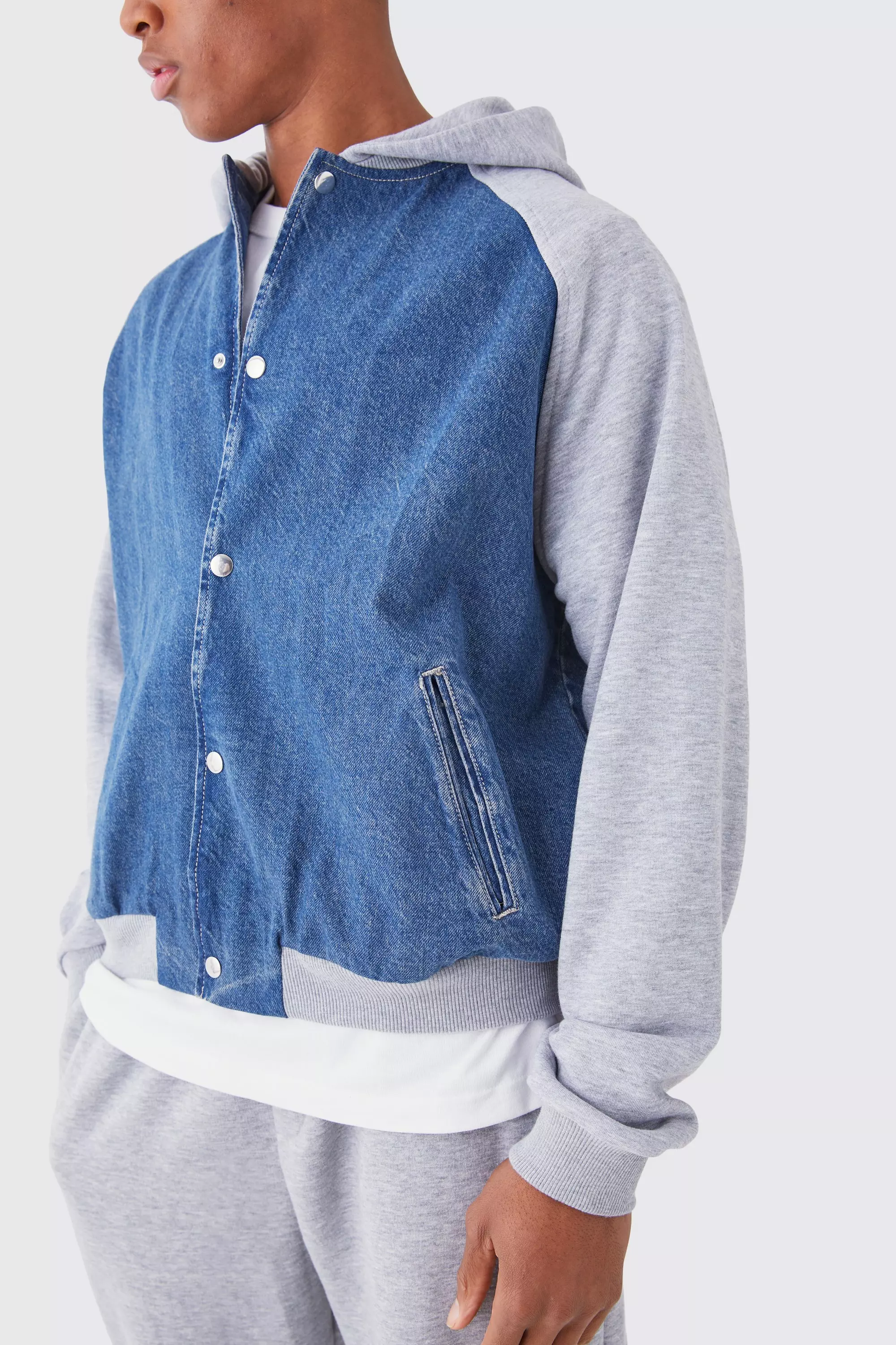 Denim hooded bomber jacket hotsell